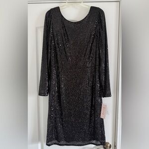 Nanette Lepore Black Sequin Long Sleeve Sheath Evening Wedding Party Dress